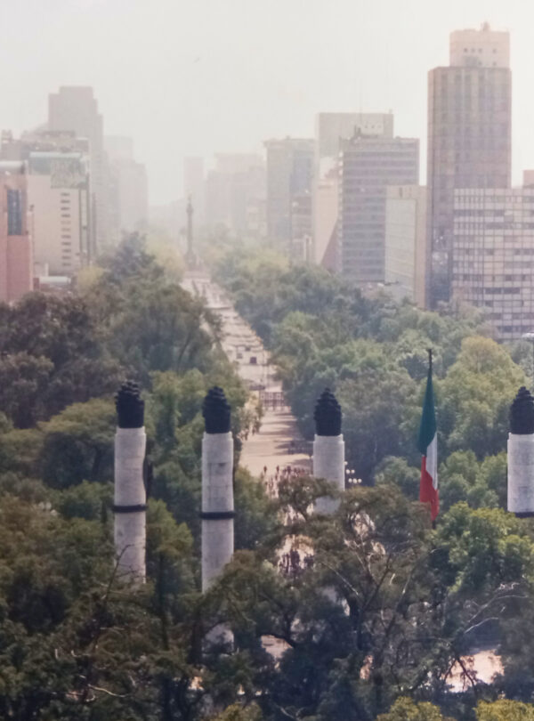 Straatbeeld van Mexico Stad met hierop het monument voor de niños heroes