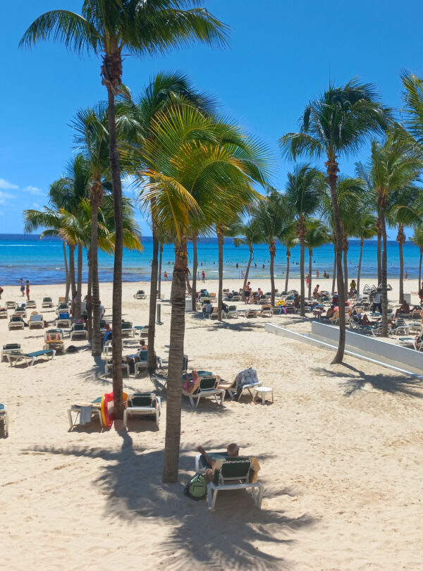 Strand in Playa del Carmen met palmbomen en ligbedjes