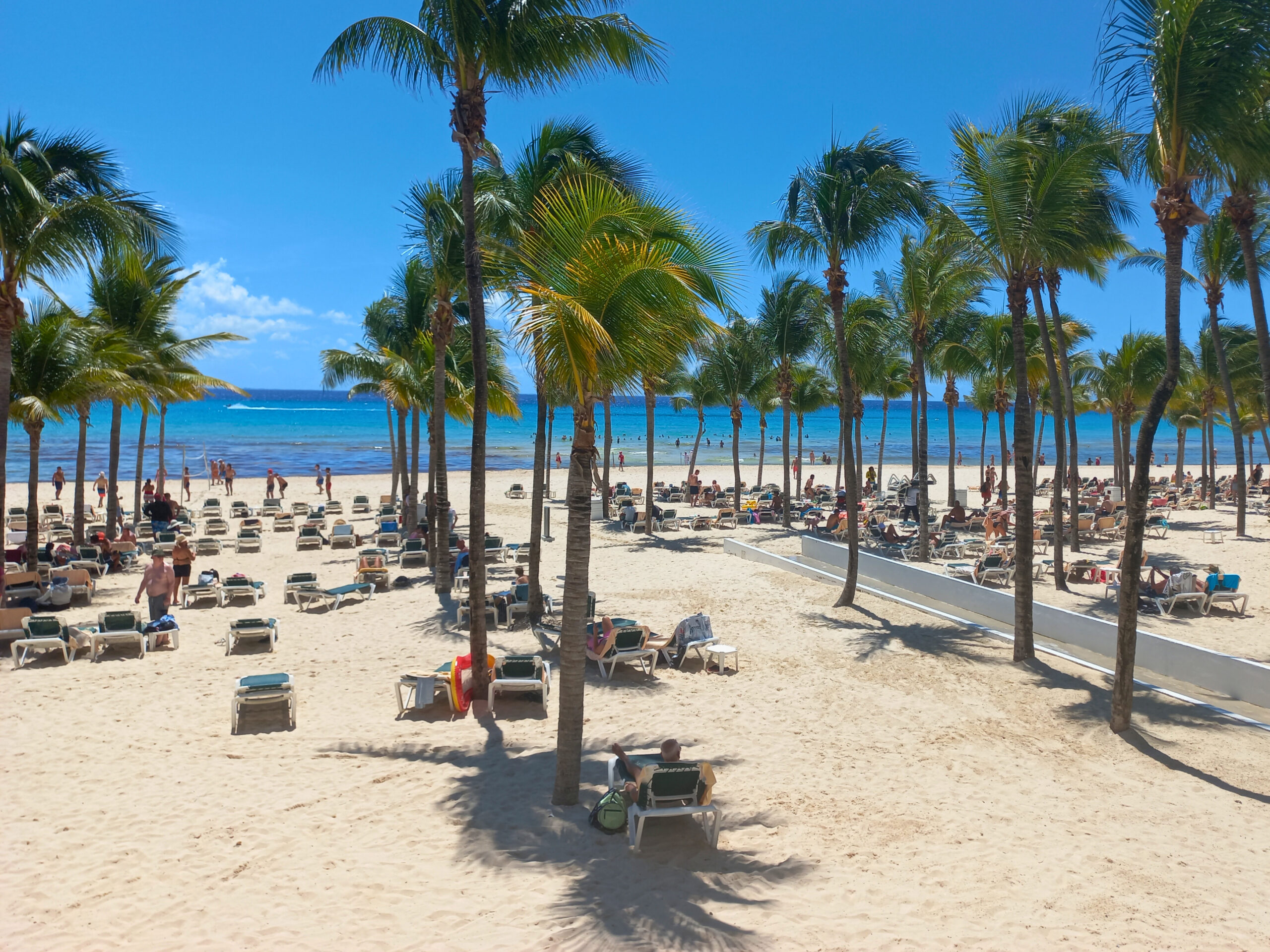 Strand in Playa del Carmen met palmbomen en ligbedjes